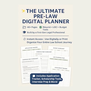 Op de afbeelding: Een digitale planner voor rechtenstudenten. De witte pagina's bevatten trackers, werkbladen en tools voor cv's, budgetten en voorbereiding op sollicitatiegesprekken. De tekst luidt "THE ULTIMATE PRE-LAW DIGITAL PLANNER" en "Includes Application Tracker, Scholarship Tools, Interview Prep & More!"