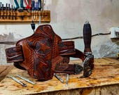 Floral Hand Carved Leather Gun Belt With Double Carry Magazine Pouch- Open Top OWB Leather Western Holster With 3 Pcs Buckle