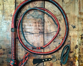 Frusta in pelle di vacchetta colore nero/rosso, frusta di qualità professionale da 3 piedi a 14 piedi