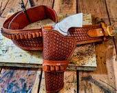 Basket Weave Hand Carved Leather Gun Belt With Bullet Loops- OWB Cross Draw Leather Western Holster