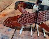 Handcrafted Leather Guitar Strap with Basket Weave Tooling - Leather Bass Guitar Strap With Two Pick Holders