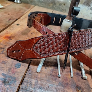 Handcrafted Leather Guitar Strap with Basket Weave Tooling - Leather Bass Guitar Strap With Two Pick Holders