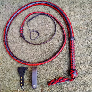 Kangaroo Hide Leather Bullwhip Black/Red Color, 3ft to 14ft, 12/16 Plait Professional Bullwhip