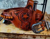 Texas BBQ Rig Floral Hand Carved Leather Gun Belt With Bullet Loops- OWB Leather Western Holster With 3 Pcs Buckle