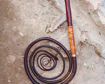Kangaroo Hide Leather Bullwhip Brandy Color With Wooden Handle, 3ft to 14ft, 12/16 Plait Professional quality Australian Style Bullwhip
