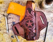 Texas BBQ Floral Hand Carved Leather Gun Holster- Open Top OWB Leather Western Holster for Perfect Fit and Security with Steel Thumb Break
