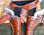 Handcrafted Western Leather Double Gunbelt With Floral Carving – Custom Fit Cowboy Style Dual Leather Holsters Gunbelt With Bullet Loops