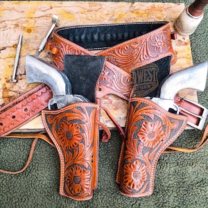 Handcrafted Western Leather Double Gunbelt With Floral Carving – Custom Fit Cowboy Style Dual Leather Holsters Gunbelt With Bullet Loops