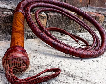 Veg Tanned Goat Leather Bullwhip Whiskey Color With Wooden Handle , 3ft to 14ft Professional Quality Bullwhip