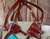 Premium Handcrafted Leather Horizontal Shoulder Holster with Dual Carry Magazine Pouch - Custom Molded Gun Holster with Tie Down Belt Loops
