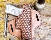 Exclusive Basket Weave Hand Carved Leather Gun Holster- OWB Leather Western Holster with Reinforced Steel Thumb Break