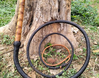 Kangaroo Hide Leather Bullwhip Chocolate Brown Color, 3ft to 14ft, 12/16 Plait Professional Bullwhip With Wooden Handle