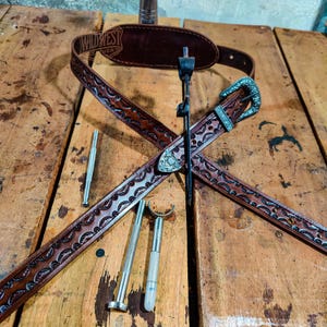 Premium Quality Handcrafted Leather Western Guitar Strap Border Stamp Tooled With 3 Pieces Western Buckle
