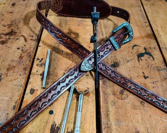 Premium Quality Handcrafted Leather Western Guitar Strap Border Stamp Tooled With 3 Pieces Western Buckle