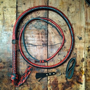 Kangaroo Hide Leather Bullwhip Black/Red Color, 3ft to 14ft, 12/16 Plait Professional Bullwhip