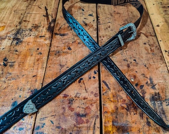 Premium Quality Handcrafted Leather Western Guitar Strap Border Stamp Tooled With 3 Pieces Western Buckle