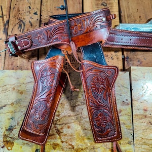Handcrafted Western Leather Double Gunbelt With Floral Carving – Custom Fit Cowboy Style Dual Leather Holsters Gunbelt With Bullet Loops
