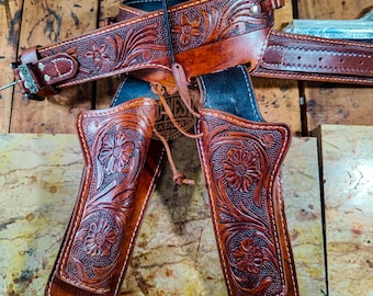 Handcrafted Western Leather Double Gunbelt With Floral Carving – Custom Fit Cowboy Style Dual Leather Holsters Gunbelt With Bullet Loops