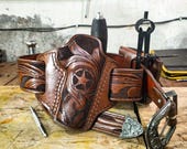 Texas BBQ Rig Floral Hand Carved Leather Gun Belt With Double Carry Magazine Pouch- Open Top OWB Leather Western Holster With 3 Pcs Buckle