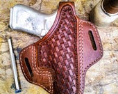 Exclusive Basket Weave Hand Carved Leather Gun Holster- OWB Leather Western Holster with Reinforced Steel Thumb Break