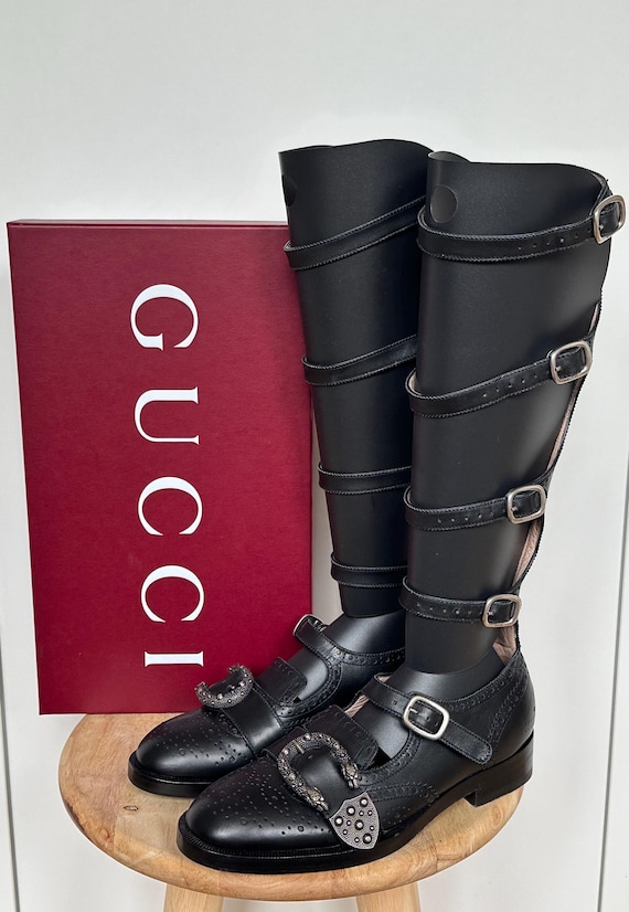 Gucci Queercore Brogue Buckle Leather Gladiator Knee High Boots