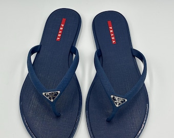 Prada Blue Rubber Thong Sandals Triangle Logo Flip Flops Size EU 41