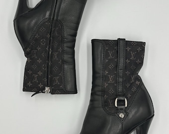 Louis Vuitton Black Monogram Mini Lin Ankle Boots Leather High Heel Booties Size EU 37