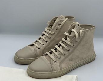 Gucci Beige GG Canvas High Top Sneakers Monogram Lace Up Shoes Size IT 40.5