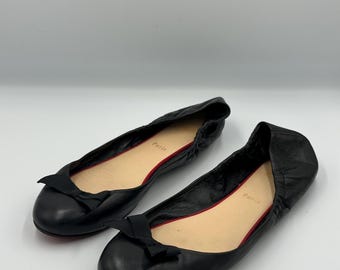 Christian Louboutin Black Leather Ballet Flats Bow Red Sole Shoes Size EU 41