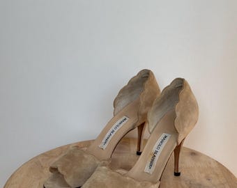 Manolo Blahnik Beige Wildleder ausgebogten Offene Zehen Heels