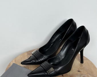 Christian Dior Black Leather Pointed Toe Pumps with Logo Strap Stiletto Heels m