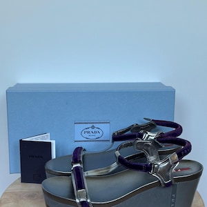 Prada wedge sandals leather velvet grey / purple with box