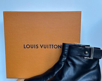 Louis Vuitton Black Leather Ankle Boots with Metal LV Buckle, Made in Italy, comes with box