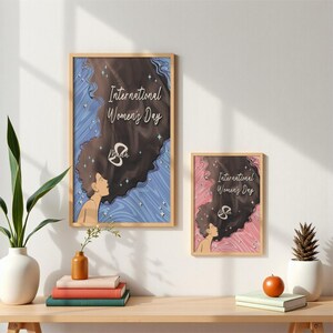 International Women's Day-  Pack of 2 Poster/ Digital card- Minimalist illustration- 8march - 2 vertical portraits pink + blue