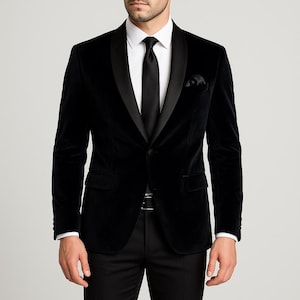 Abito da uomo in velluto nero con revers in raso, elegante abito formale