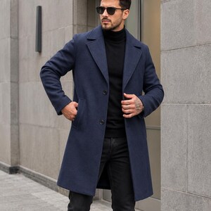 Men Navy Blue Tweed Wool Long Coat, Men's Overcoat, Vintage Style Streetwear, Gifts