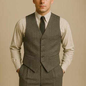 Mens Grey Herringbone Wool Vest - Custom Tailored Waistcoat
