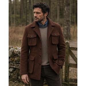 Men's Brown Tweed Wool Blazer, Field Coat, Outdoor Wedding Vintage Jacket