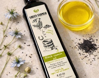 Black Cumin Oil. This oil is made from black cumin seeds, cold pressed in oak barrels to ensure purity and rich flavor.
