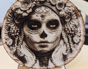 Santa Muerte Inspired Altar Art • Engraved Empress Wood Live‑Edge Slice