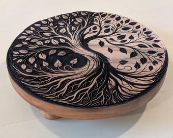 Yin & Yang Tree of Life Altar Pedestal • Engraved Wooden Ritual Table