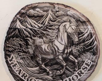 Year of the Horse Zodiac Art • Engraved Empress Wood Live‑Edge Display Piece