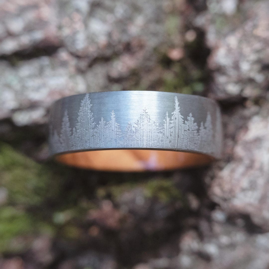 Men's Tungsten Forest Ring - Silver With Olive Wood Tree Ring Gift for ...