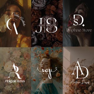 May include: A collage of nine images featuring various logo designs for different businesses. The logos are all in a minimalist style with white lettering on a variety of backgrounds. The backgrounds include floral patterns, a woman's face, and a close-up of a woman's face.
