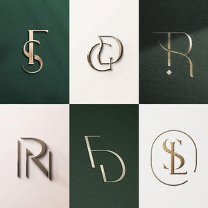 May include: A collection of six gold-colored monogram logos displayed on a dark green and white background. Each logo features elegant, stylized letter combinations, including FS, DG, R, RI, FD, and SL, showcasing a sophisticated design aesthetic.