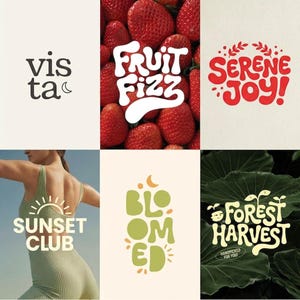 May include: A collage of six graphic designs featuring text and imagery. Designs include the word vista with a moon, strawberries with the text Fruit Fizz, the words Serene Joy, a ribbed tank top with Sunset Club, the word Bloomed, and Forest Harvest.