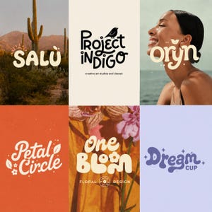 May include: A collage of six graphic designs featuring stylised typography and imagery. Designs include the text Salu with a cactus, Project Indigo with a bird, Oryn with a smiling face, Petal Circle, One Bloom with floral elements, and Dream Cup.