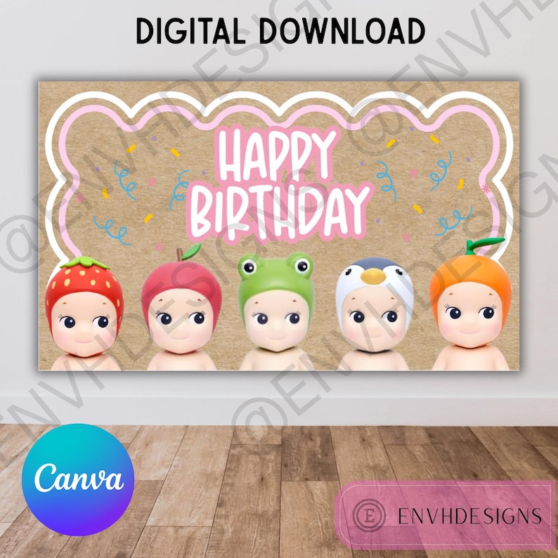 May include: A digital birthday sign on a brown background with the text HAPPY BIRTHDAY in pink. Below the text are five small figures wearing hats shaped like a strawberry, an apple, a green frog, a penguin, and an orange, all with light skin.