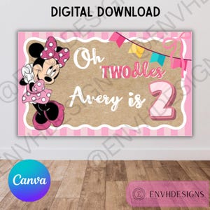 May include: A pink and brown digital download birthday banner featuring Minnie Mouse. The banner reads "Oh Twoodles Avery is 2" with a pink number 2. The banner has a pink and white striped border and decorative bunting.