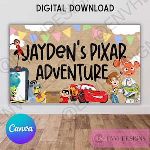 Può includere: Banner digitale con la scritta "JAYDEN'S PIXAR ADVENTURE" in nero. Presenta personaggi dei film Pixar, tra cui Saetta McQueen, Woody e Buzz Lightyear, su uno sfondo marrone con elementi colorati.